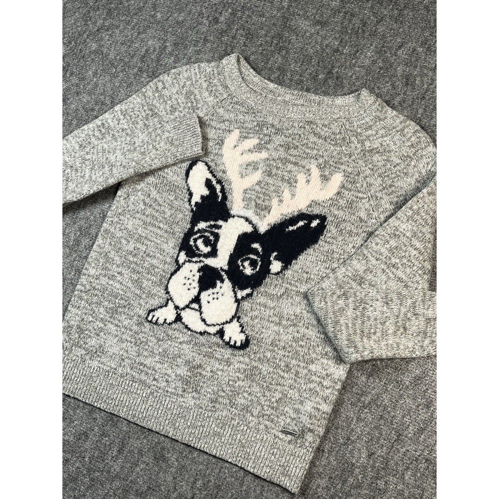 abercombie and fitch Boston Terrier Puppy Rain deer Knit sweater Wool Gray EUC